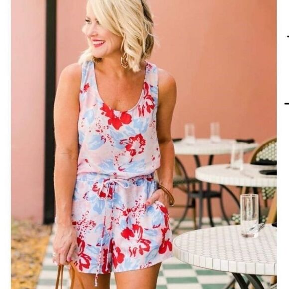 Gibson Floral Pink Blue Woven RomperJumpsuit - Picture 3 of 11